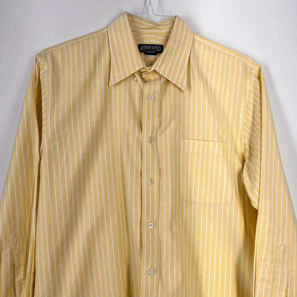 Lands End Mens Yellow White Striped Button Down Oxford Shirt Long Sleeve Cotton - Picture 3 of 13